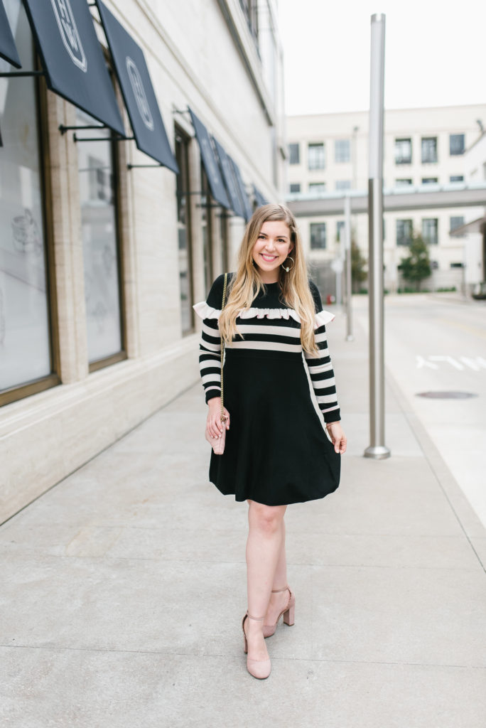 2019 Goals and 2018 Reflections on Cup of Charisma - Striped Preppy Sweater Ruffle Dress and Gucci Marmont Bag 