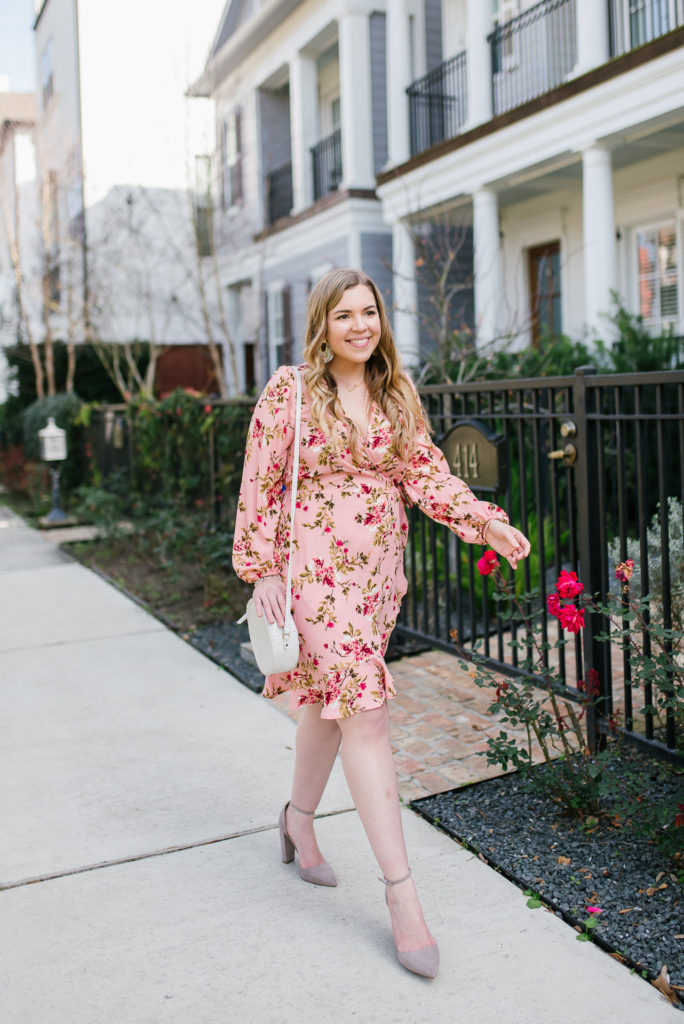 Pink Long Sleeve Floral Dress on Cup of Charisma, Houston lifestyle blog's roundup of the best floral dresses under $50. 