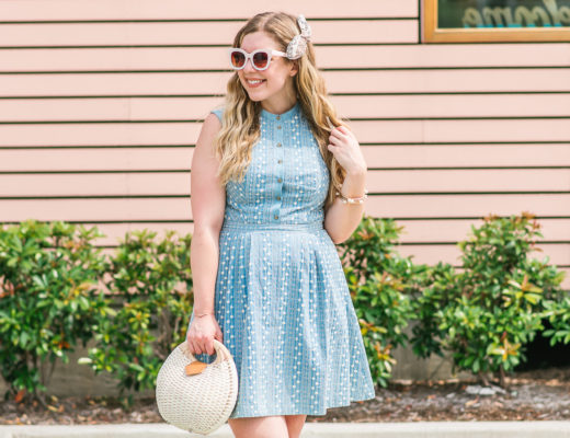 Jillian Goltzman of Cup of Charisma Wearing Gal Meets Glam Blue Quinn Embroidered Chambray Fit & Flare Dress