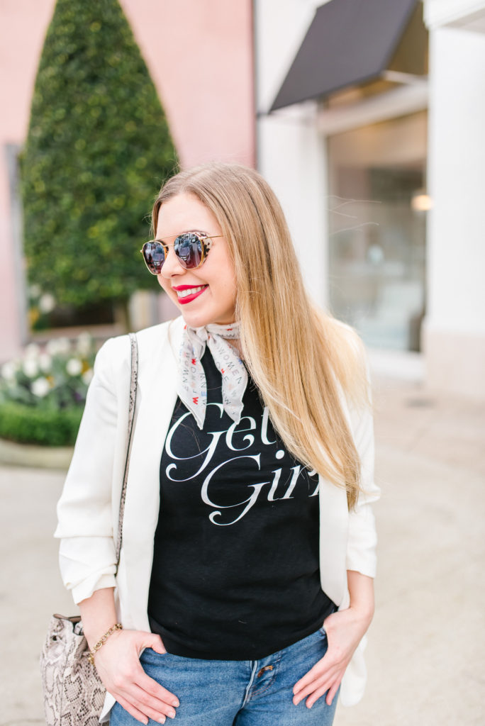 Feminist Fashion - 7 Ways to Support Women - Cup of Charisma - White Blazer and Get it Girl Shirt 