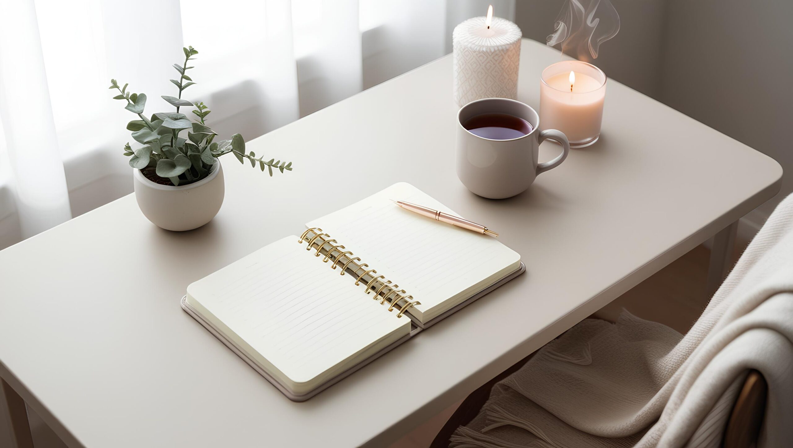 A notebook, pen, coffee cup, and candles are arranged on a table, illuminated by natural light streaming through a window.