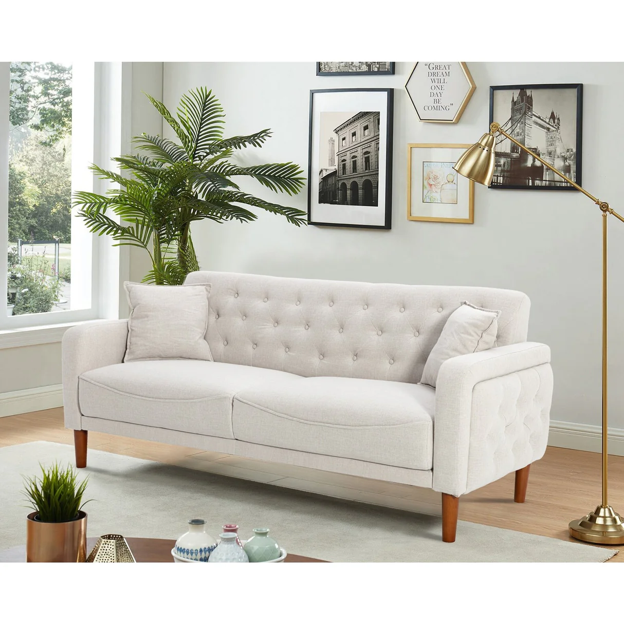 Square Arm Mid-Century Modern Tufted Sofa with Pillows
