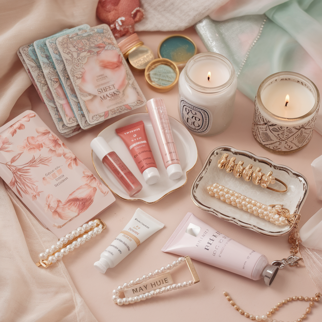 A collection of skin care products and scented candles arranged aesthetically on a wooden surface.
