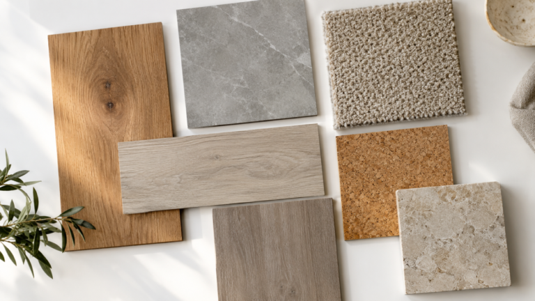 Different Types of Flooring: 16 Options, Pros, Cons, and Costs Side-by-side flooring material samples including hardwood, tile, vinyl plank, laminate, carpet, and cork arranged for comparison