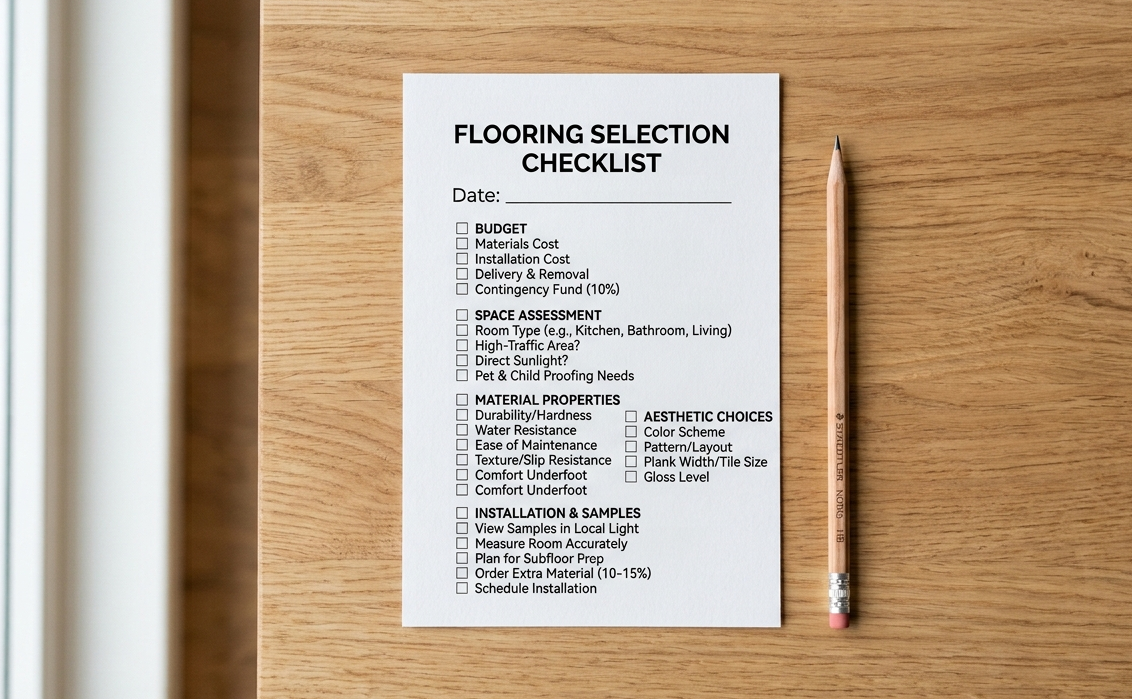 Simple flooring selection checklist worksheet with a pencil on a wooden surface