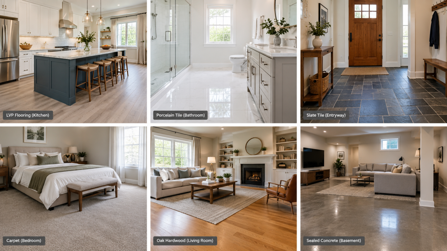 Six residential rooms showing appropriate flooring choices—tile in the bathroom, hardwood in the living room, carpet in the bedroom